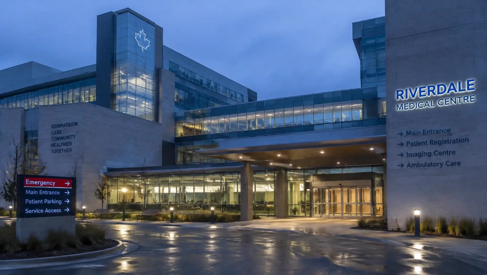 Canadian healthcare facility at dusk